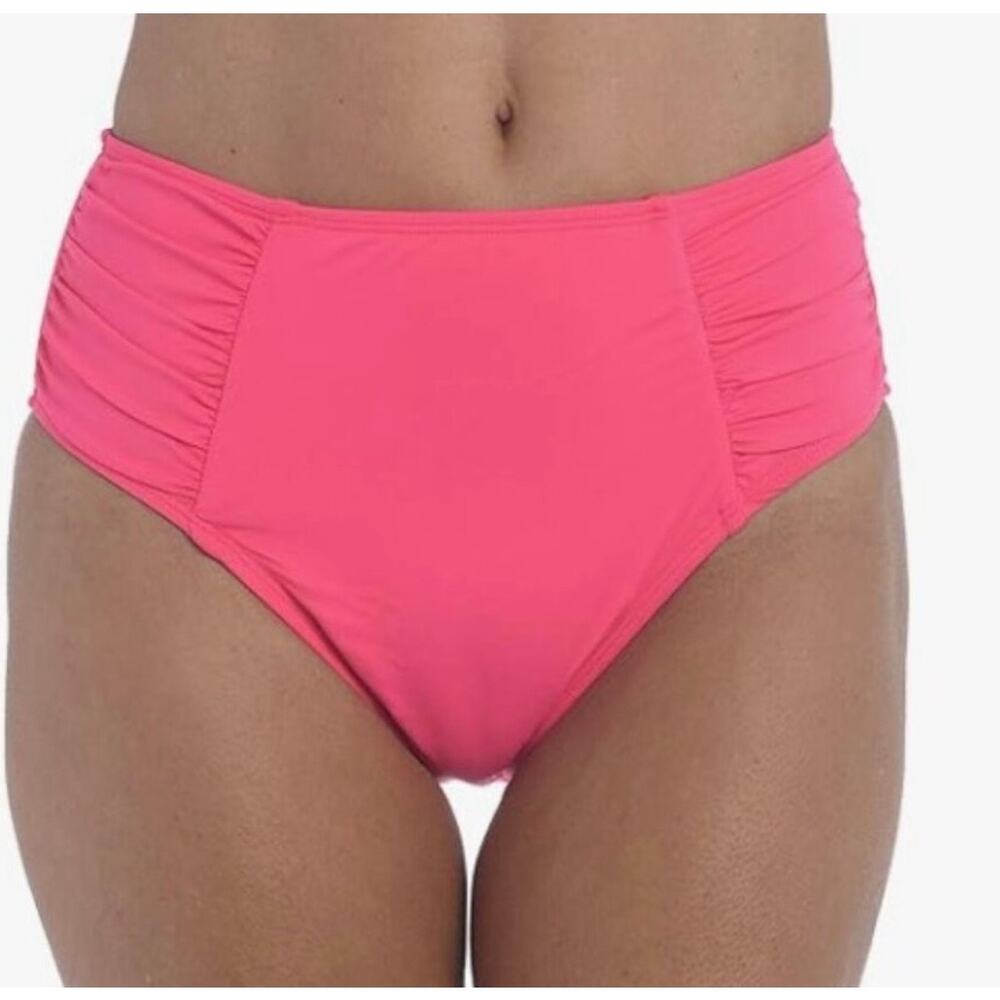 NWT La Blanca Vibrant Pink Ruched Bikini Bottom, Tummy Control, Size 10